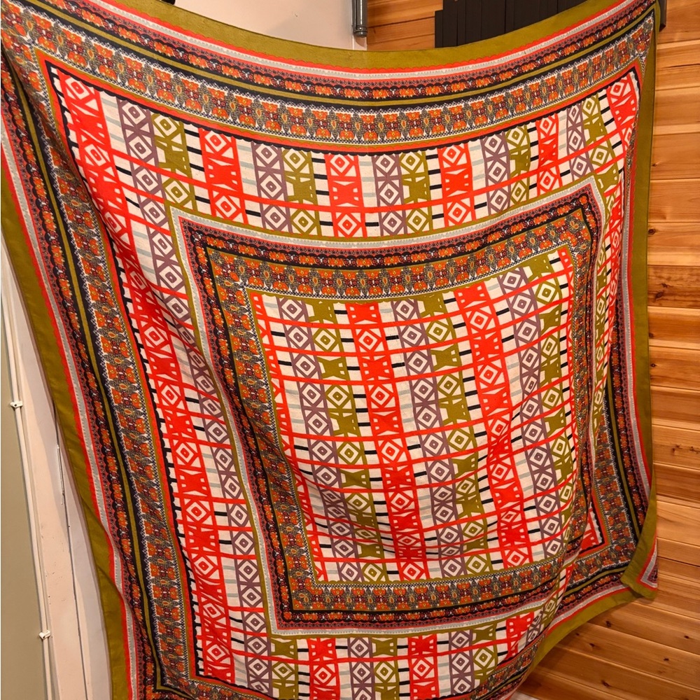 Colorful Geometric Patterned Scarf - Olive, Red & White - Picture 3 of 4